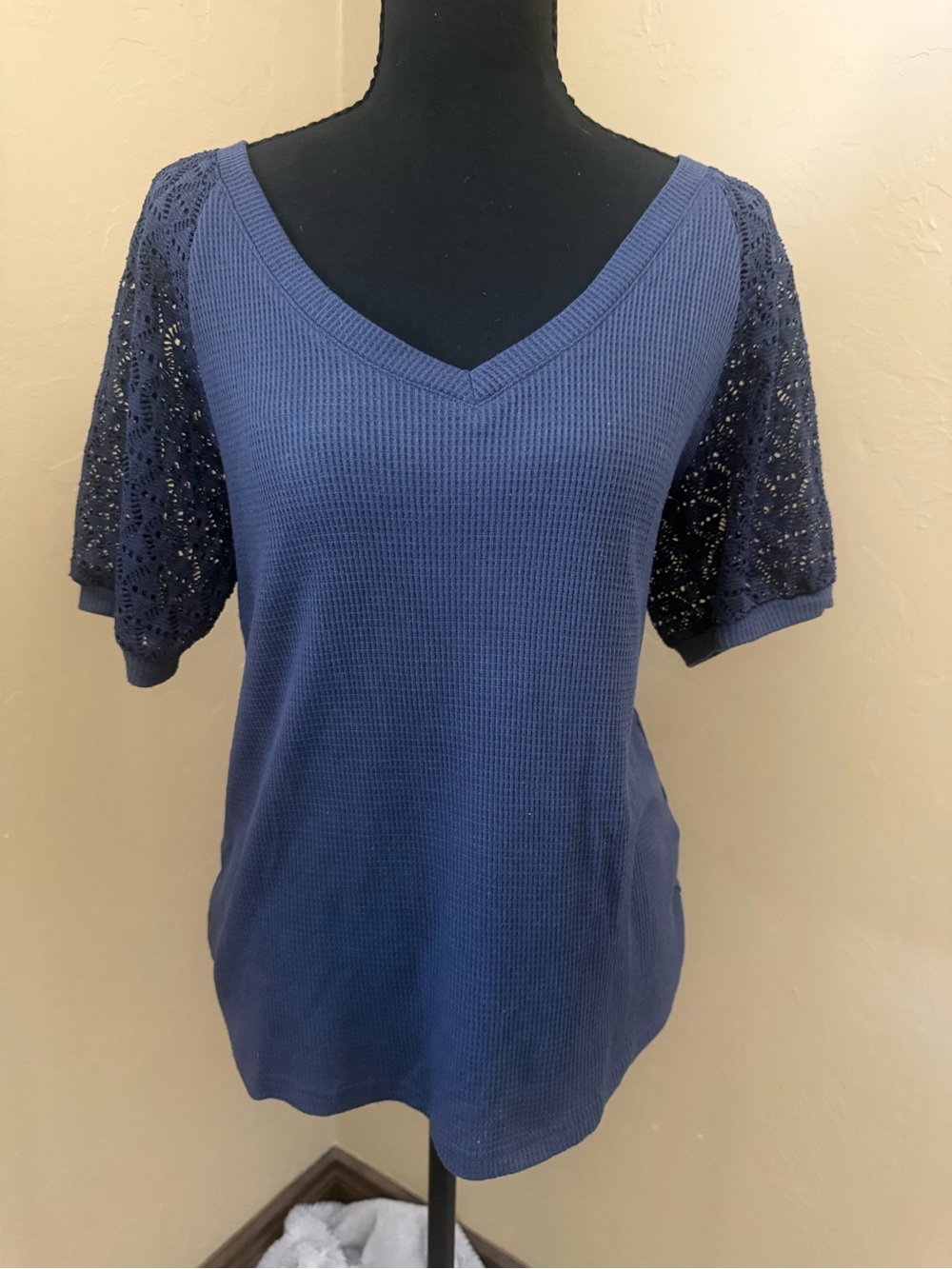 Women's Navy V-Neck Knit Top with Lace Sleeves